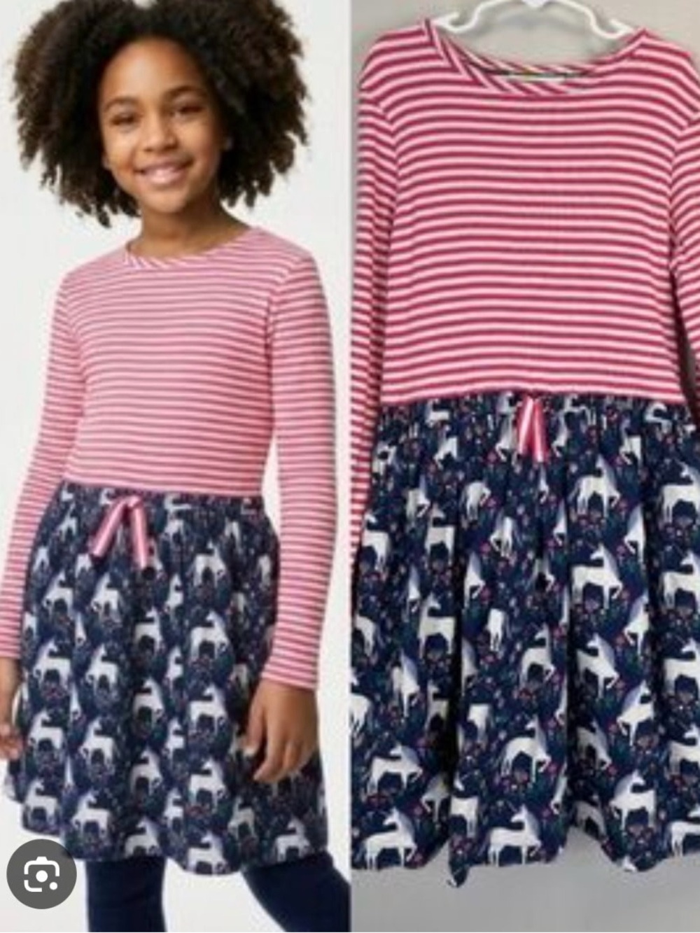 Mini Boden Pink & Navy Striped Top with Navy Unicorn Print Skirt Dress